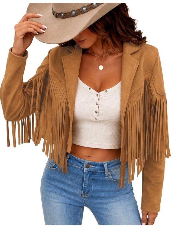 Jackets & Blazers - Women's Tan Suede Leather Tassel Jackets With Lining Cropped Fringe 80s Coats